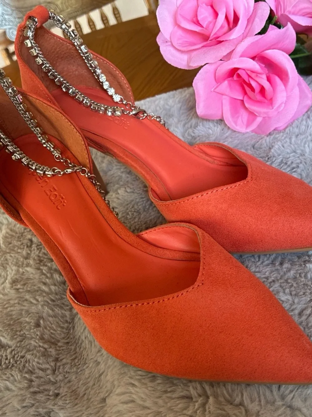 Women's Pointed Toe Slingback Heels with Rhinestone Chain - Orange